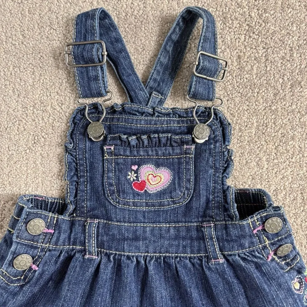 Wonderkids Girls Denim Pinafore Overalls Tiered Dress Embroidery Hearts Coquette
